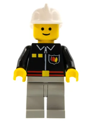 Feuer – Flammenabzeichen und 2 Knöpfe, hellblaugraue Beine, weißer Feuerhelm