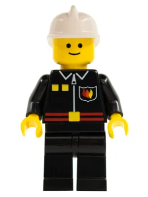 Feuer – Flammenabzeichen und 2 Knöpfe, schwarze Beine, weißer Feuerhelm, schwarze Beine, Lächeln