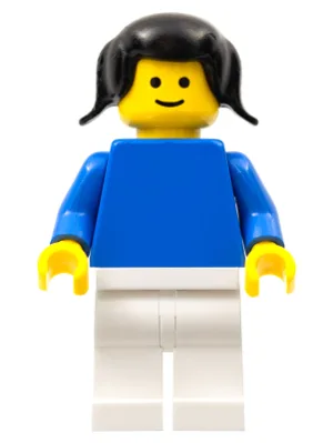 Effen blauwe romp met blauwe armen, witte benen en zwarte vlechtjes.