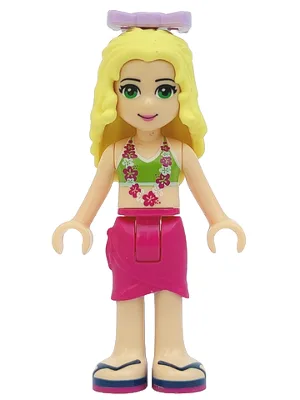Friends Isabella (Hellnougat) – Limettengrünes Bikini-Oberteil, magentafarbener Wickelrock, lavendelfarbene Schleife