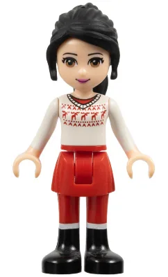 Friends Lily – Roter Rock und Leggings, weißer Fair-Isle-Pullover mit Elchmotiv