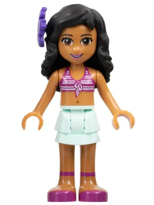 Friends Kate - Light Aqua Layered Skirt, Magenta Bikini Top, Dark Purple Flower