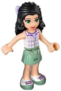 Friends Emma - Sand Green Skirt, White Plaid Button Shirt, Bow