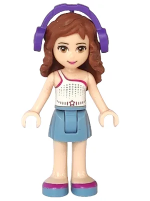 Friends Olivia (Light Nougat) - Sand Blue Skirt, White One Shoulder Top with Magenta Trim, Headphones
