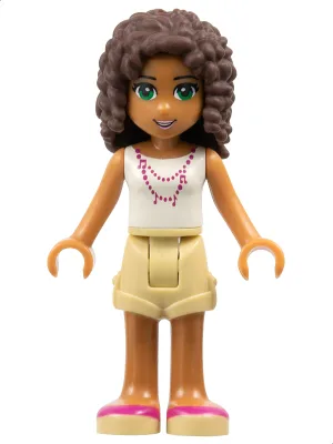 Friends Andrea - Tan Shorts, White Top with Necklace with Music Notes