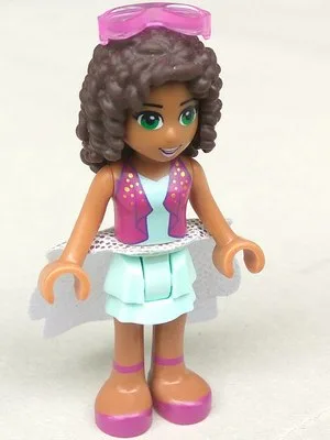 Friends Andrea - Light Aqua Layered Skirt, Magenta Vest Top, White Sequined Cloth Skirt, Sunglasses
