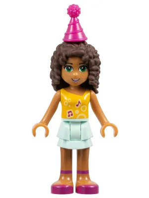 Friends Andrea - Light Aqua Layered Skirt, Bright Light Orange Top with Music Notes, Magenta Party Hat
