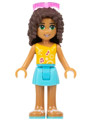Friends Andrea - Medium Azure Skirt, Bright Light Orange Top with Music Notes, Sunglasses