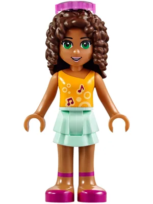Friends Andrea - Light Aqua Layered Skirt, Bright Light Orange Top with Music Notes, Trans-Dark Pink Glasses