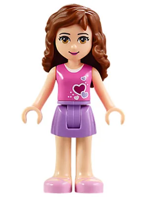 Friends Olivia (Light Nougat) - Medium Lavender Skirt, Dark Pink Top with Hearts and White Undershirt