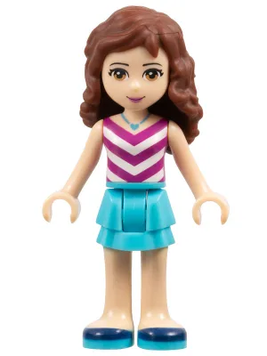 Friends Olivia (Light Nougat) - Medium Azure Layered Skirt, Magenta and White V-Striped Top and Medium Azure Necklace