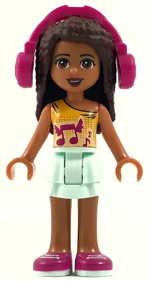 Friends Andrea - Light Aqua Layered Skirt, Bright Light Orange Top with Winged Music Notes, Headphones