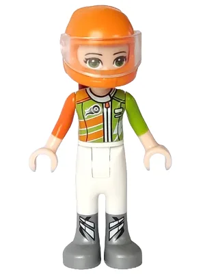 Friends Mia - White Trousers, Lime and Orange Racing Jacket, Orange Racing Helmet with Dark Red Ponytail