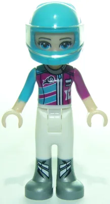 Friends Stephanie - White Trousers, Medium Azure and Magenta Racing Jacket, Helmet