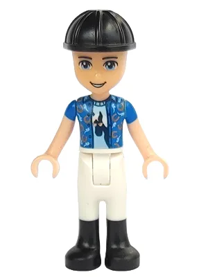 Friends Zack - White Riding Pants, Blue Shirt over Medium Blue T-Shirt, Black Construction Helmet