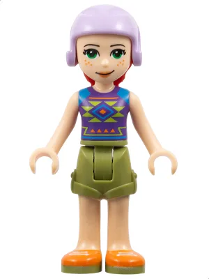 Friends Mia - Olive Green Shorts, Dark Purple Top with Diamonds and Triangles, Lavender Ski Helmet with Red Hair