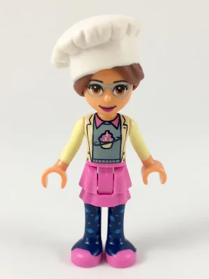 Friends Olivia (Nougat) - Dark Pink Skirt and Dark Blue Leggings, Sand Green Sweater with Bright Yellow Jacket, White Chef Toque with Hair