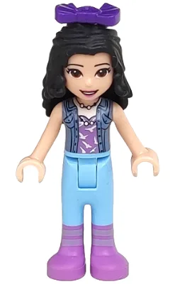Friends Emma - Medium Lavender Top with White Birds, Sand Blue Vest, Medium Light Blue Trousers, Bow