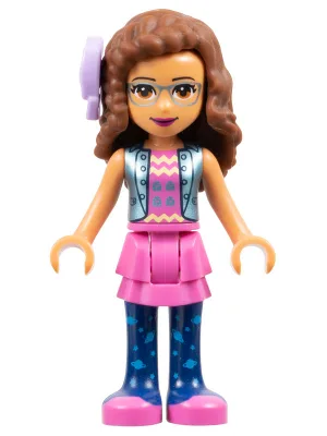 Friends Olivia (Nougat) - Dark Pink Skirt and Dark Blue Leggings, Dark Pink Top, Blue Jacket, Bow