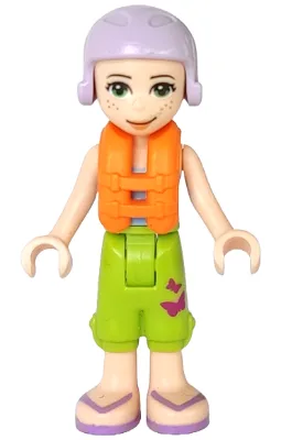 Friends Mia - Lime Cropped Trousers, Medium Blue Top with 3 Butterflies, Lavender Ski Helmet with Dark Red Hair, Life Jacket