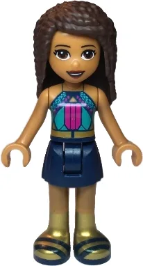 Friends Andrea - Dark Turquoise Halter Top with Magenta Stripes and Dots, Dark Blue Skirt, Gold Boots and Belt