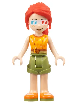 Friends Mia - Olive Green Shorts, Orange and Bright Light Orange Top with Lightning Bolts, Orange Shoes, 3D Glasses