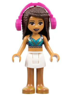 Friends Andrea - White Skirt, Dark Blue Halter Top with Gold Trim, Headphones