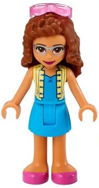 Friends Olivia (Nougat) - Dark Azure Skirt and Top with Bright Light Yellow Vest, Dark Pink Shoes, Sunglasses