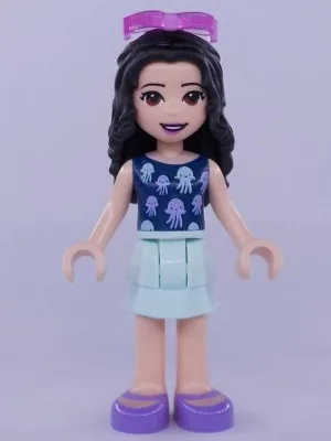 Friends Emma - Light Aqua Layered Skirt, Dark Blue Top with Jellyfish, Trans-Dark Pink Sunglasses