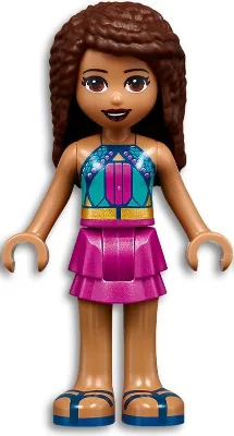 Friends Andrea - Dark Turquoise Halter Top with Magenta Stripes and Dots, Magenta Skirt