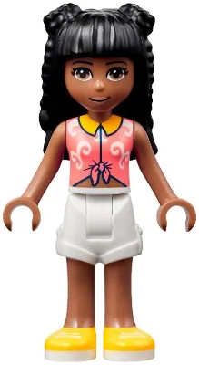 Friends Priyanka - Coral Knotted Blouse with White Swirls, White Shorts, Yellow Shoes