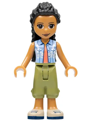 Friends Dr. Makena - Olive Green Trousers, Tan Shoes, Bright Light Blue Vest over Coral Shirt