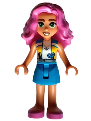 Nadia (vriendinnen) - Middelblauw en geel vest, middelblauwe rok, donkerroze schoenen
