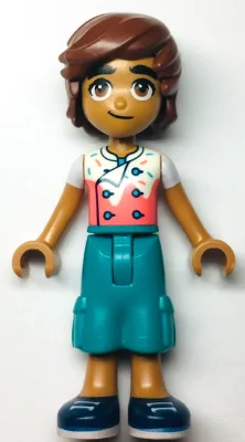 Friends Leo - White and Coral Chef Shirt with Sprinkles, Dark Turquoise Cropped Trousers, Dark Blue Shoes