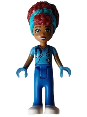 Vriendin Gabriela - Middelblauw shirt met stethoscoop, blauwe broek, witte schoenen, middelblauwe hoofddoek