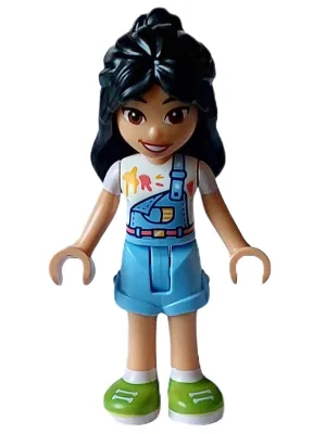 Friends Liann - Bright Light Blue Overalls over White Shirt, Bright Light Blue Shorts, Lime Shoes