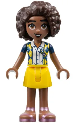 Friends Aliya - Dark Blue Vest with Diamonds over White Blouse, Yellow Skirt, Metallic Pink Sandals