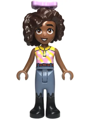 Friends Aliya - Yellow and Bright Pink Top, Sand Blue Trousers, Black Boots, Lavender Bow
