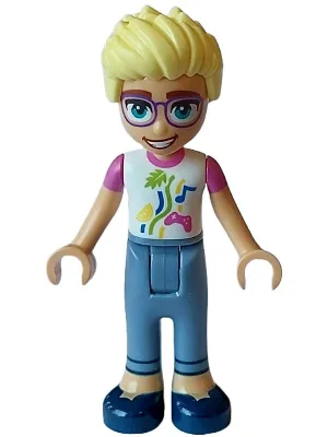 Friends Olly - White Shirt with Dark Pink Short Sleeves, Sand Blue Trousers, Dark Blue Shoes