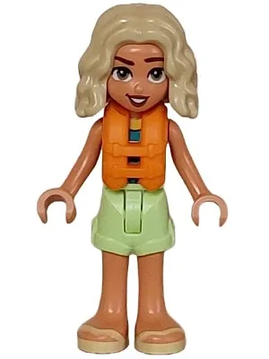 Friends Nova - Yellowish Green Shorts over Coral, Dark Turquoise and Dark Blue Swimsuit, Orange Life Jacket, Bright Light Yellow Sandals