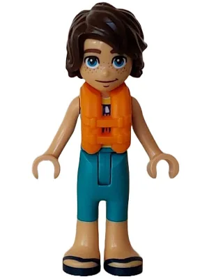 Friends Marco - Dark Turquoise and Yellow Sleeveless Wetsuit, Orange Life Jacket, Dark Blue Sandals