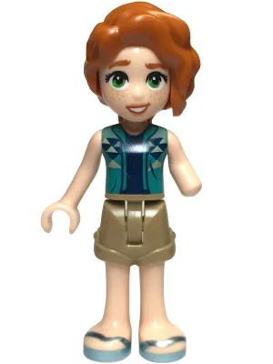 Friends Autumn - Dark Turquoise Vest over Dark Blue Shirt, Dark Tan Shorts, Metallic Light Blue Sandals