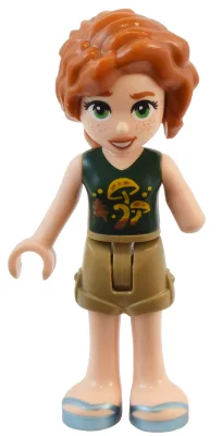 Friends Autumn - Dark Green Top with Mushrooms. Dark Tan Shorts, Metallic Light Blue Sandals