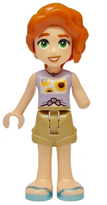 Friends Autumn - Lavender Vest with Sunflowers, Dark Tan Shorts, Metallic Light Blue Sandals