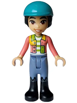 Friends Liann - Coral Patchwork Jacket, Sand Blue Trousers, Black Boots, Dark Turquoise Horse Riding Helmet