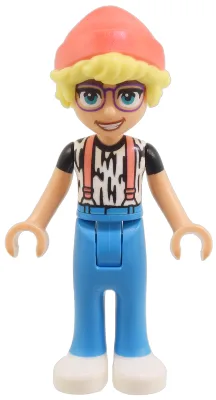 Friends Olly - White Shirt with Black Stripes, Coral Suspenders, Dark Azure Trousers, White Shoes, Coral Hat