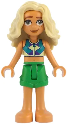 Friends Sage - Dark Turquoise, Yellowish Green and Dark Purple Sleeveless Top, Bright Green Shorts, Bare Feet