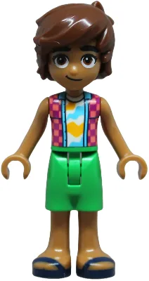 Friends Leo - Coral and Magenta Checkered Sleeveless Shirt, Bright Green Shorts, Dark Blue Sandals