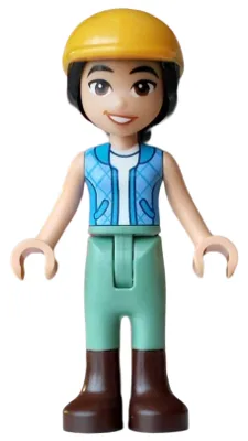 Friends Liann - Dark Azure and Bright Light Blue Vest over White Top, Sand Green Trousers, Dark Brown Boots, Bright Light Orange Horse Riding Helmet