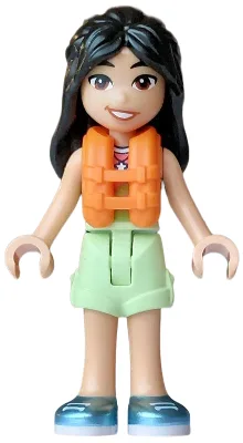 Friends Liann - Lime, Coral and Medium Azure Tank Top, Yellowish Green Shorts Folded Hem, Metallic Light Blue Shoes, Orange Life Jacket, Bright Pink Flower